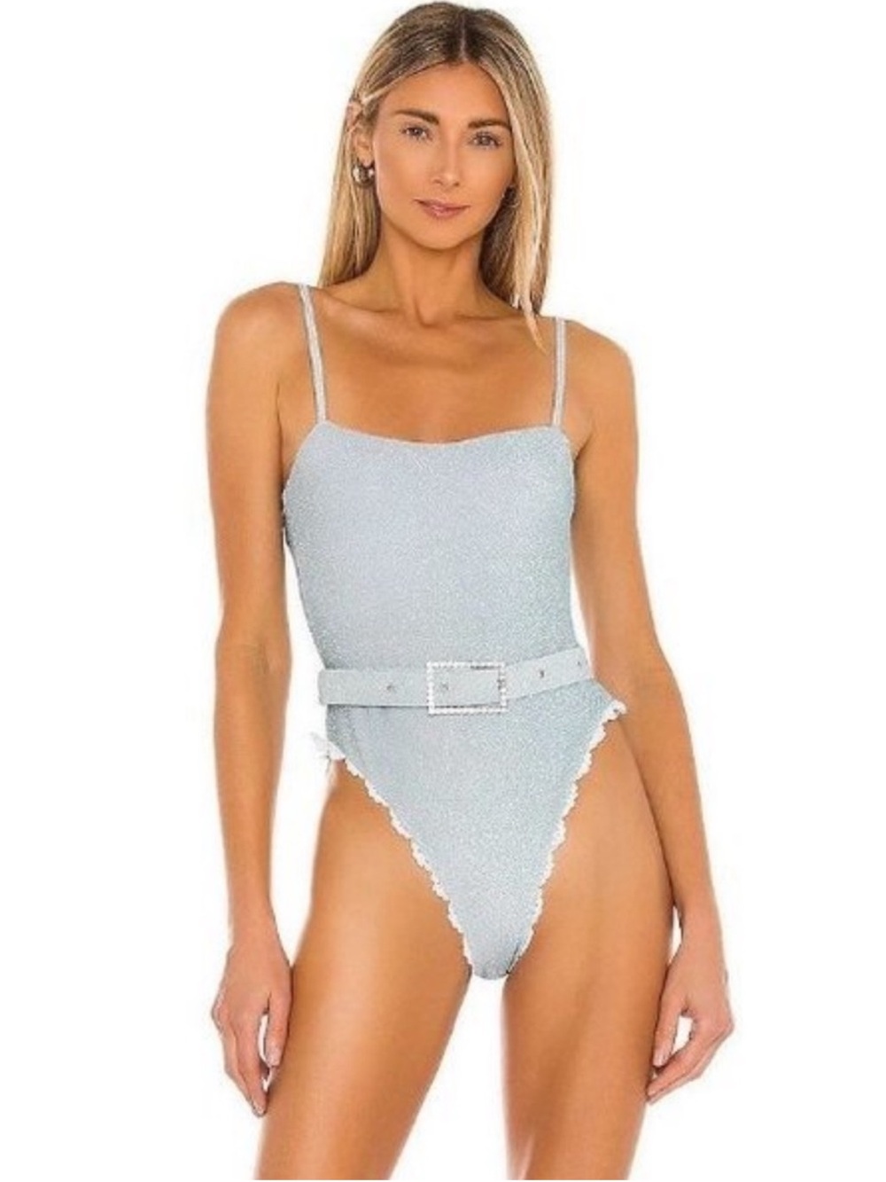 Light Blue Textured One-Piece Swimsuit with Belt